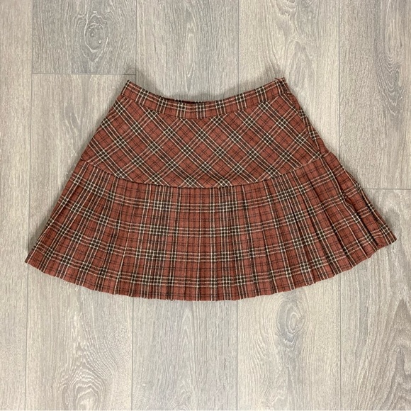 Aakaa Women’s Mini Skirt Pleated Plaid High Rise Brown Size S Preppy Academia - Picture 10 of 11